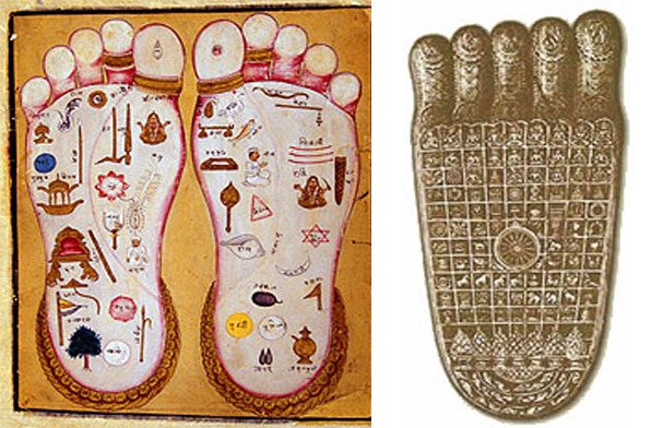 Représentations des pieds sacrés de Vishnu et de l'empreinte des pieds de Bouddha divisée en cases symboliques